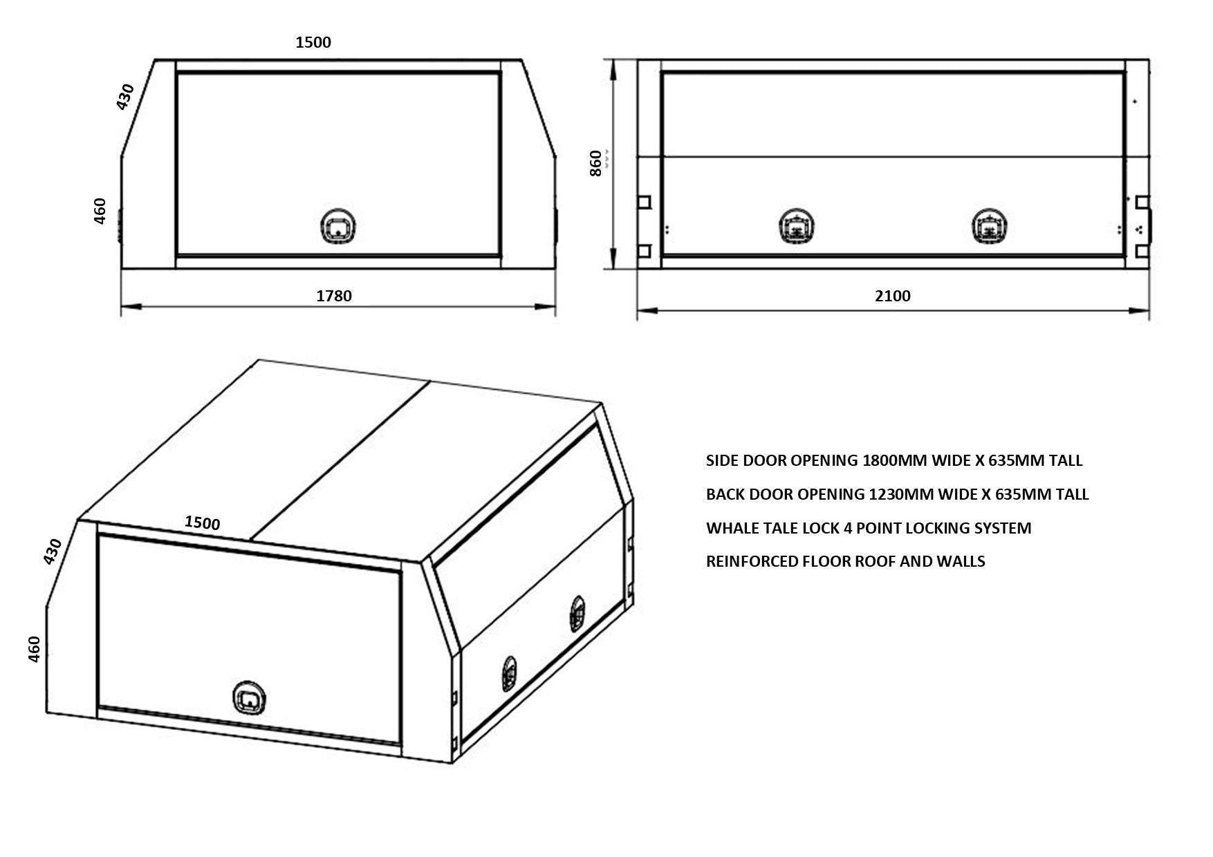 STAFFORD INDUSTRIAL UTE CANOPY 2100MM X 1780MM X 860MM ALU BLACK 3 DOOR3MM
