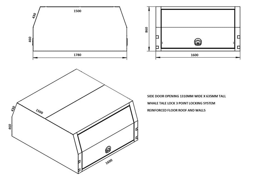 STAFFORD INDUSTRIAL UTE CANOPY 1600MM X 1780MM X 1000MM ALU FLAT 2 DOOR 3MM