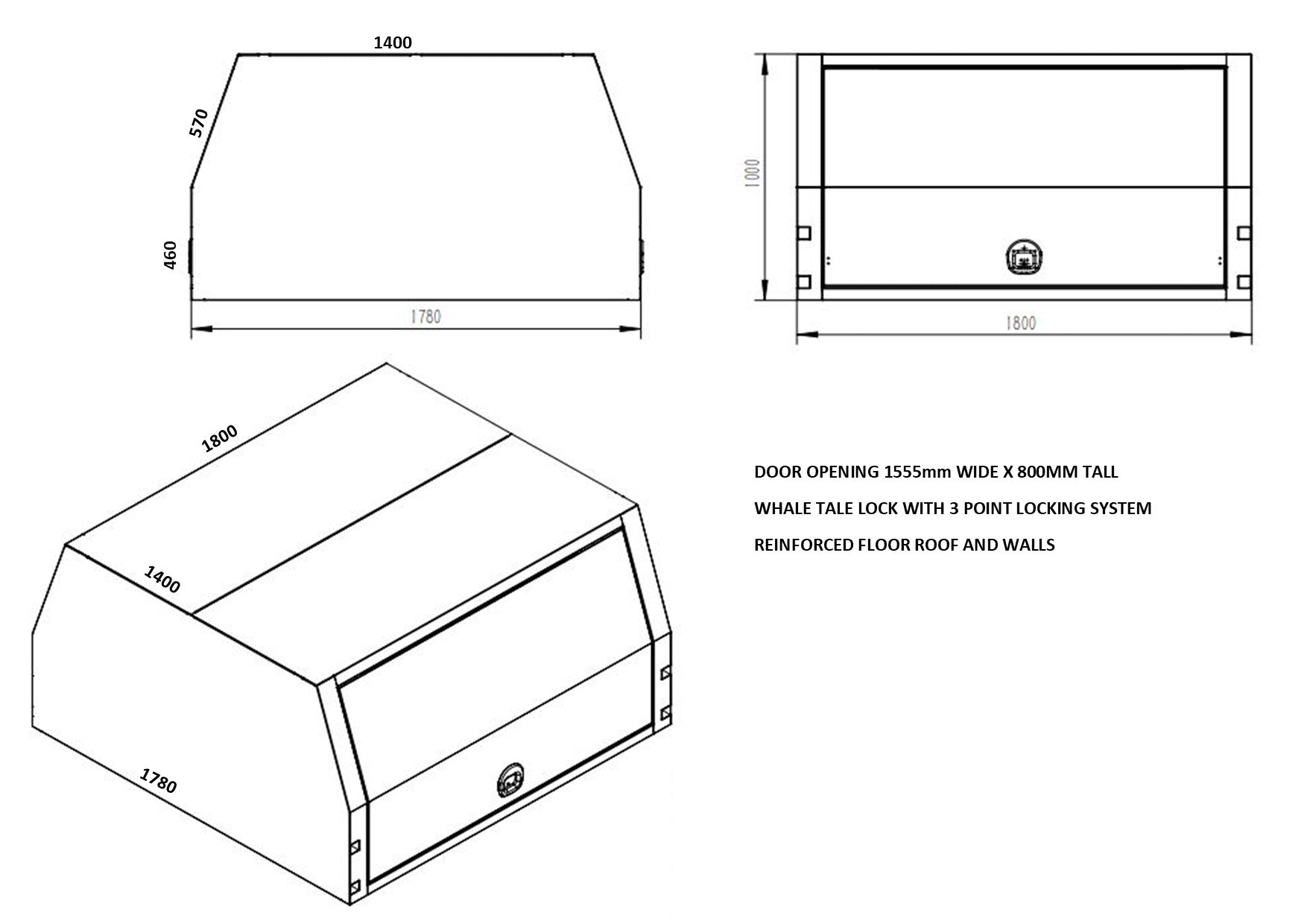 STAFFORD UTE CANOPY 2 DOOR BLACK 1800X1780X1000MM
