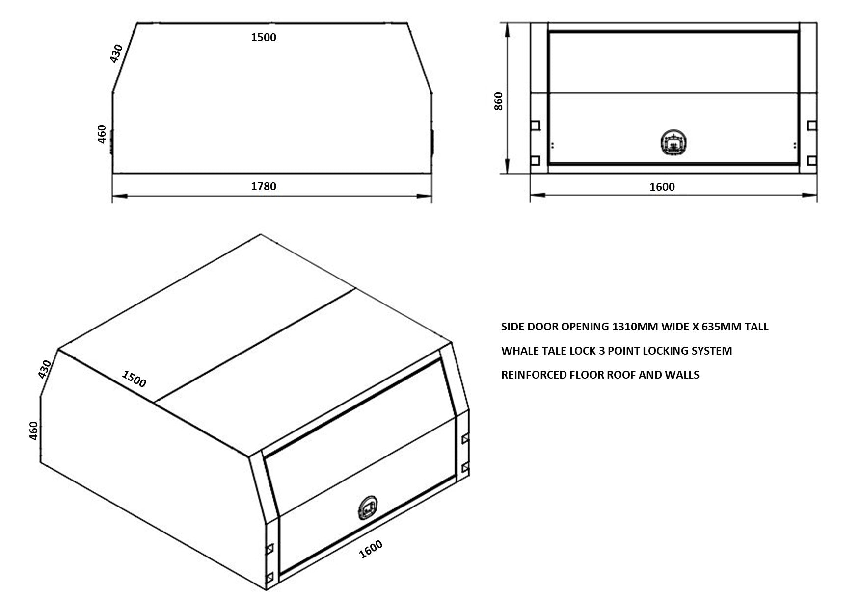 STAFFORD INDUSTRIAL UTE CANOPY 1600MM X 1780MM X 1000MM ALU WHITE 2 DOOR  3MM