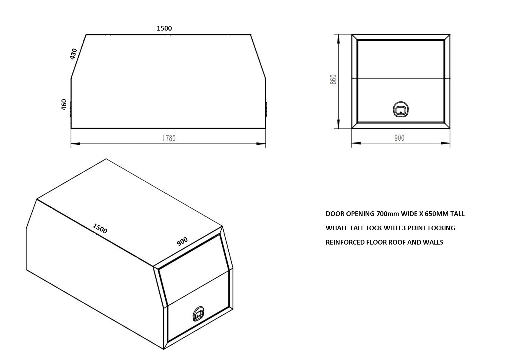 STAFFORD INDUSTRIAL UTE CANOPY 900MM X 1780MM X 860MM ALU  FLAT 2 DOORS    3MM