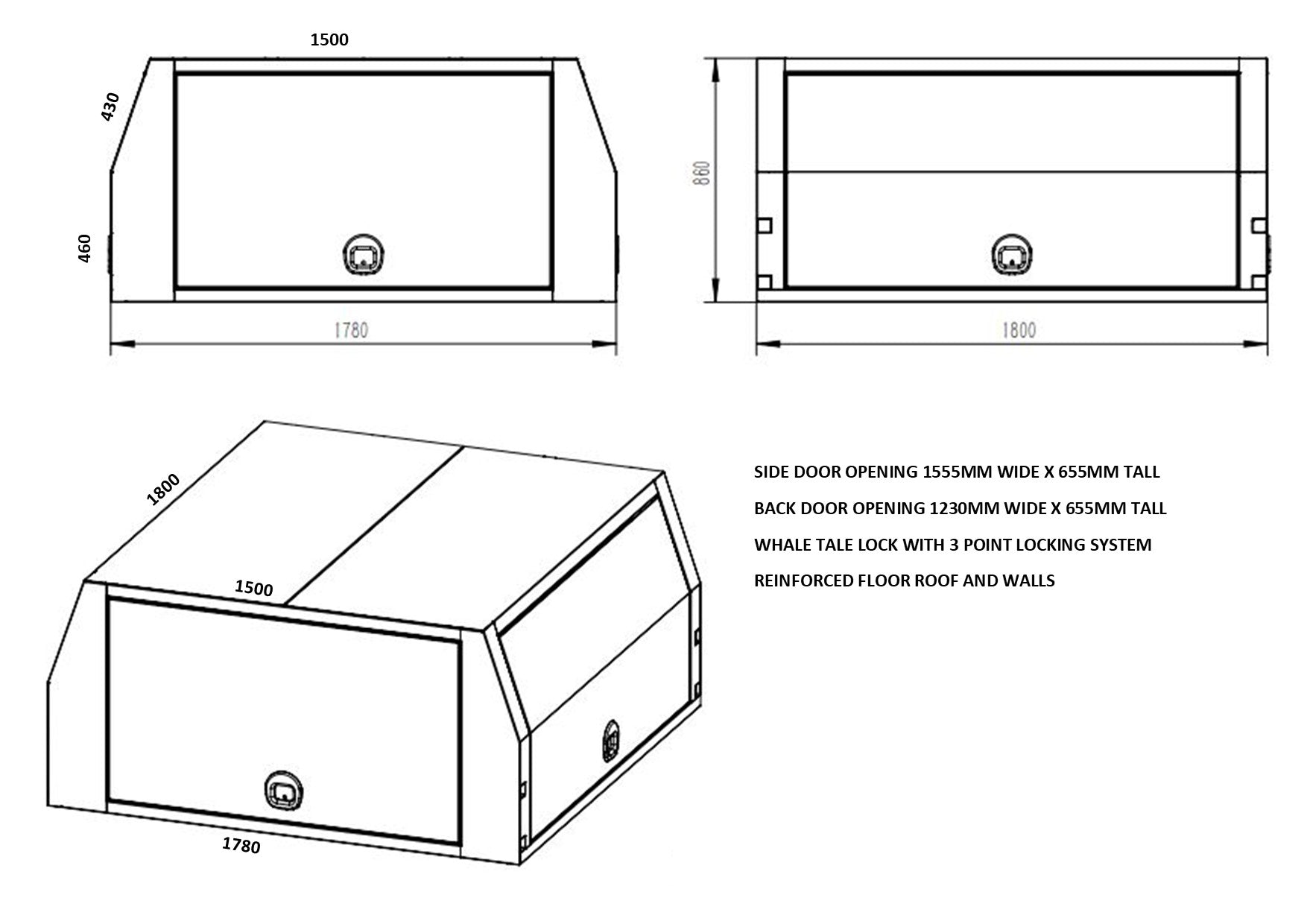 STAFFORD INDUSTRIAL UTE CANOPY 1800MM X 1780MM X 860MM FLAT ALLOY 3 DOOR