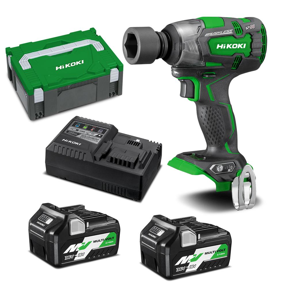 HIKOKI18V BRUSHLESS 12.7MM (1/2") IMPACT WRENCH, IP56
- 2 X BSL36A18 LI-ION SLIDE BATTERY A
- 1 X UC18YSL3 RAPID CHARGER WITH COOLING & USB PORT